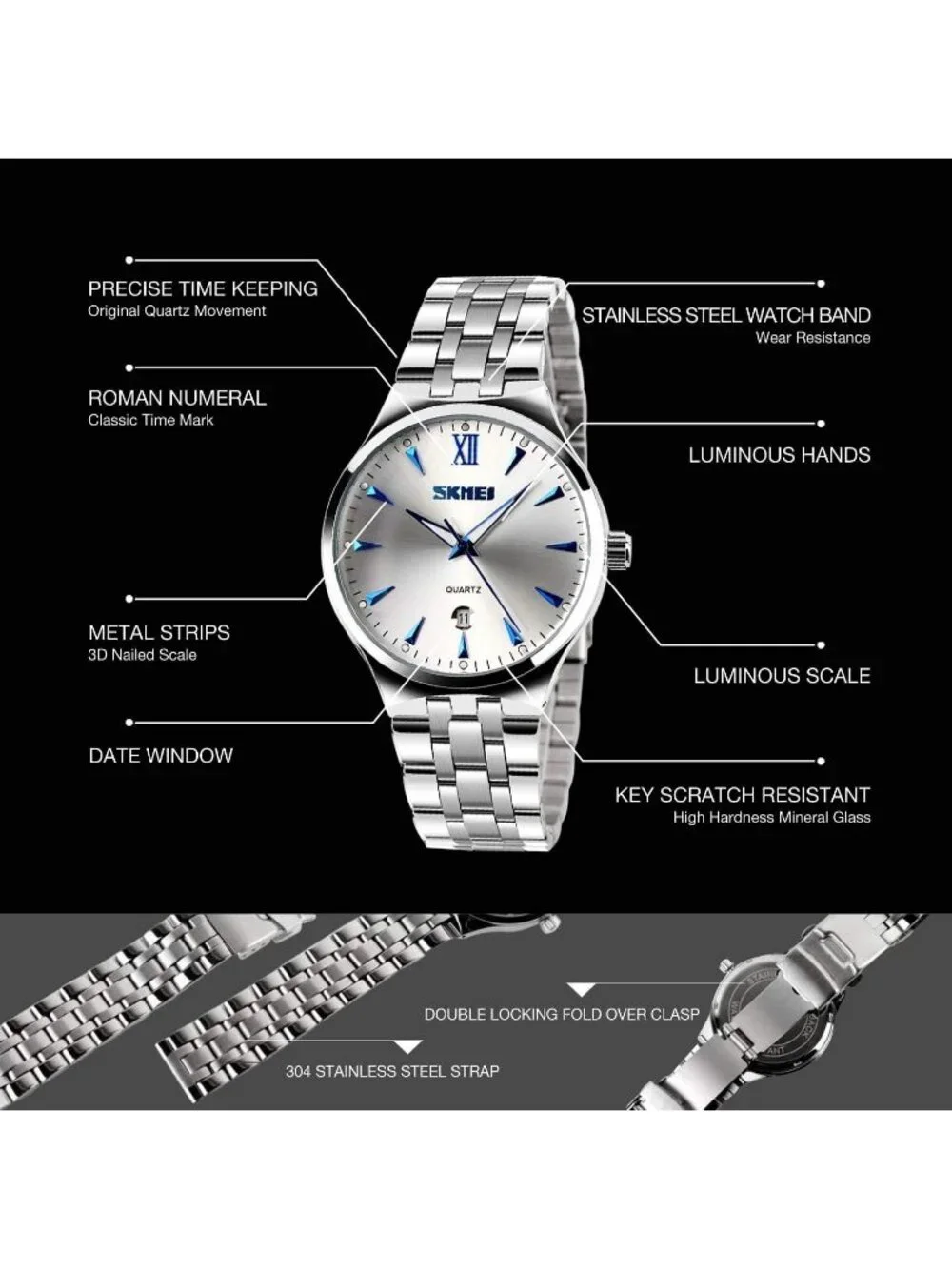 Men's Silver Blue Analog Stainless Steel Roman Numeral Waterproof Luxury Watch